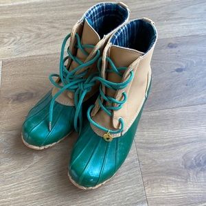 Sporto 10m duck boots tan and green leather tie over ankle boot